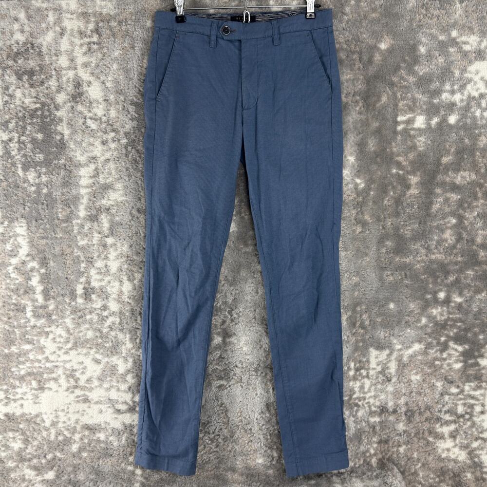 Ted‎ Baker Size 28R Stretch Flat Front Casual Pants Blue Button Zip Straight Leg